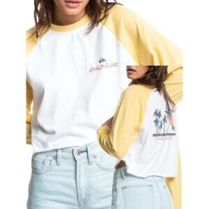 QUIKSILVER Colorblock Crop Tee Sz L Yellow White Logo Print Raglan Sleeve Cotton